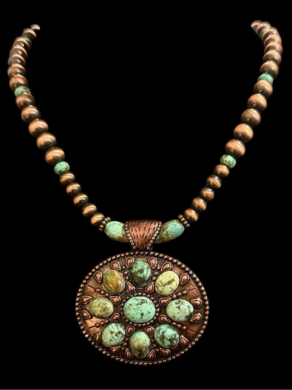 Southwestern Red Copper Concho Bead Pendant Green Turquoise Heishi Bead Necklace